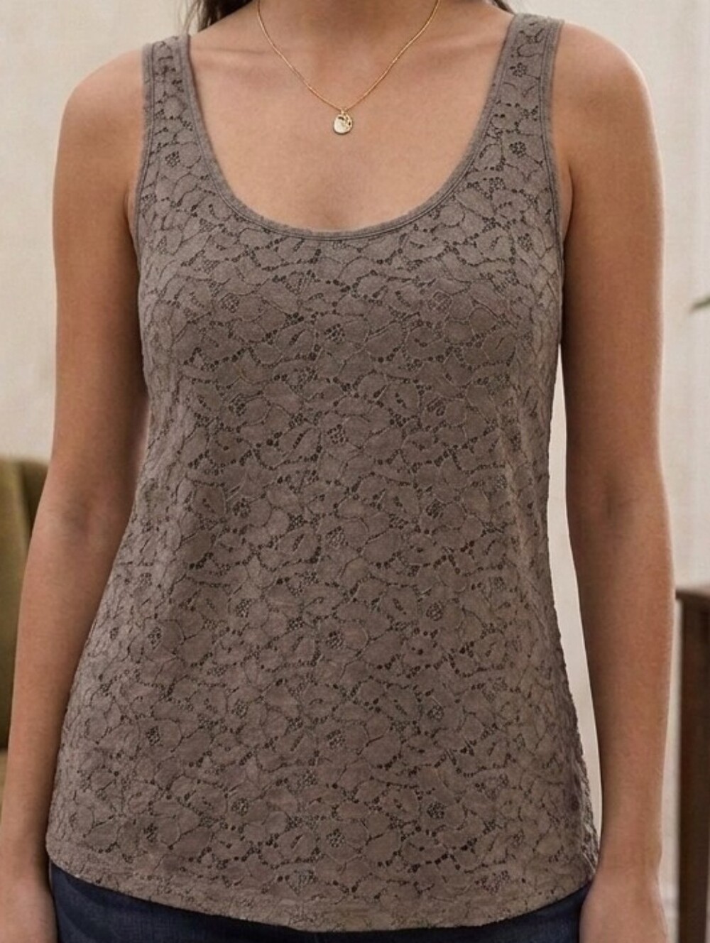 American Eagle Outfitters Taupe Lace Scoop Tank